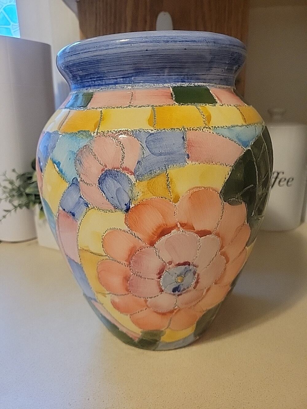 Ceramic Mosiac Vase Multicolored Flower Hand Painted Etched